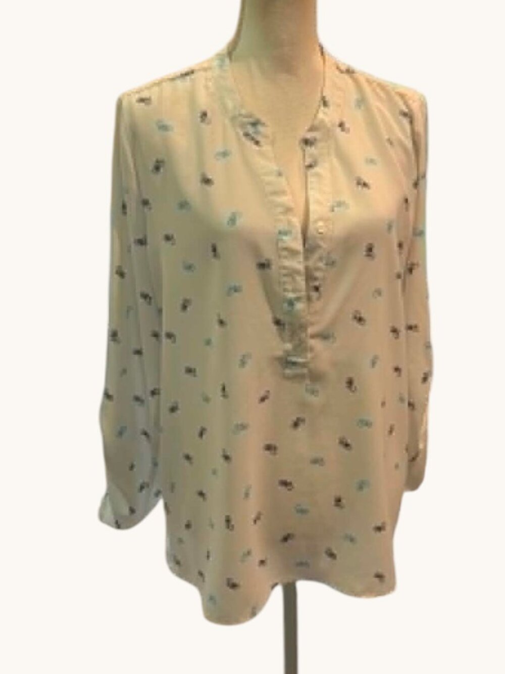 Sabrina Lauren Roll Up Sleeve Button Front Blouse White Blue Bicycle Print